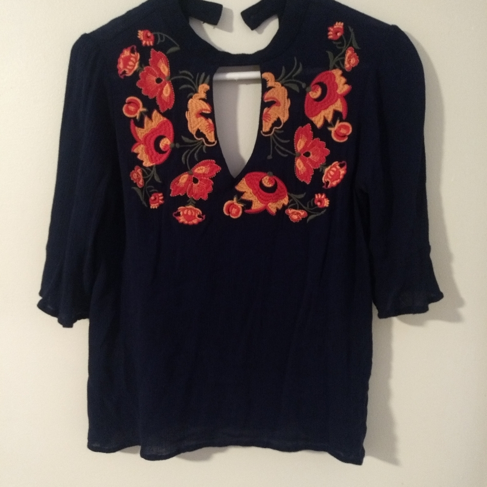 Blue Rain Embroidered Top, Size Small, Navy Blue